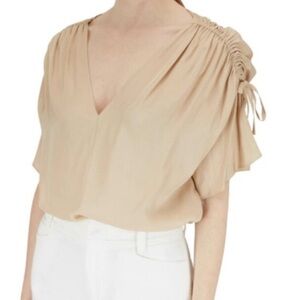 Vince Silk Blouse Ruched Tan Cream V Neck Draped Column Top Size Medium